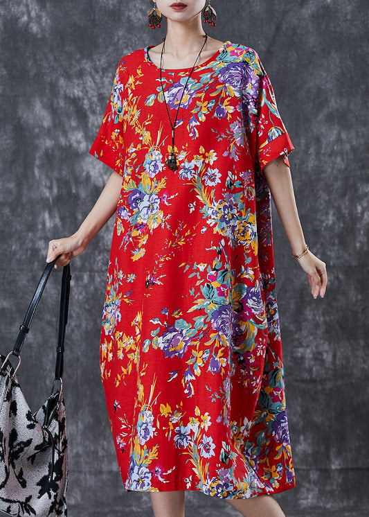 Vintage Red Print Cotton Maxi Dress Oversized Summer