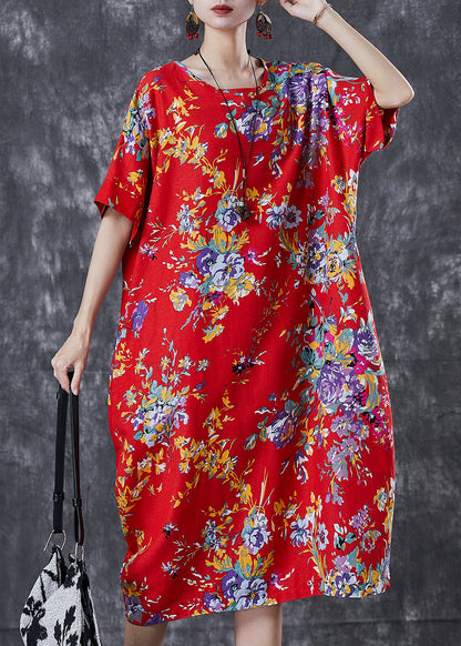 Vintage Red Print Cotton Maxi Dress Oversized Summer