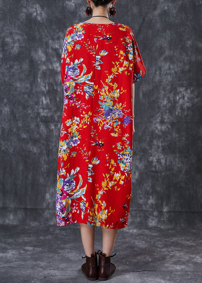 Vintage Red Print Cotton Maxi Dress Oversized Summer