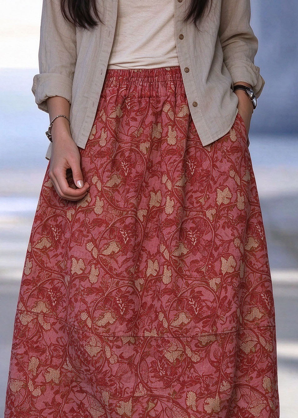 Vintage Red Print Elastic Waist Warm A Line Skirt