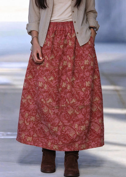 Vintage Red Print Elastic Waist Warm A Line Skirt