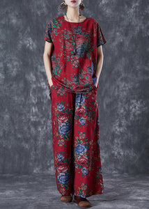 Vintage Red Print Low High Design Cotton Two Pieces Set Summer