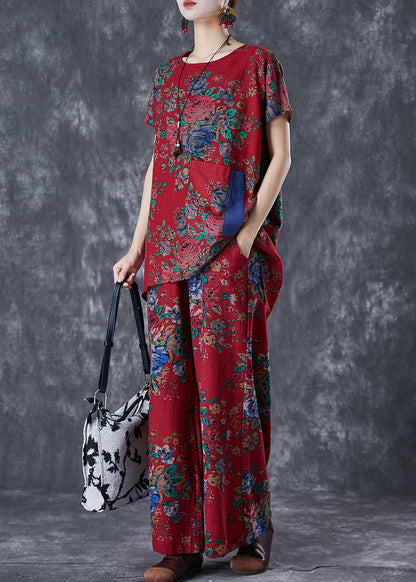 Vintage Red Print Low High Design Cotton Two Pieces Set Summer