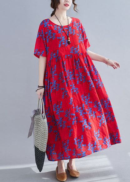 Vintage Red Print Patchwork Maxi Dresses Short Sleeve