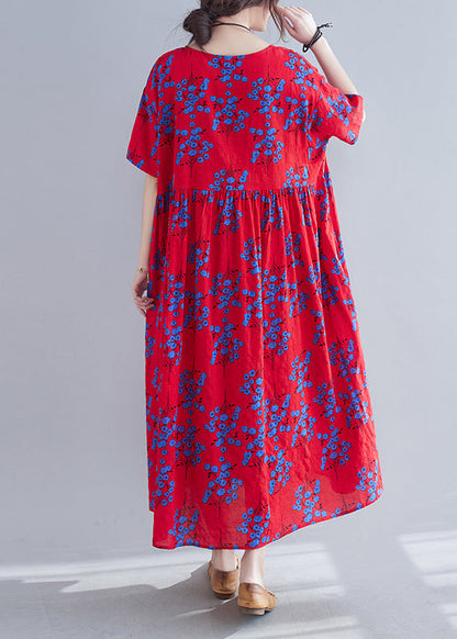Vintage Red Print Patchwork Maxi Dresses Short Sleeve