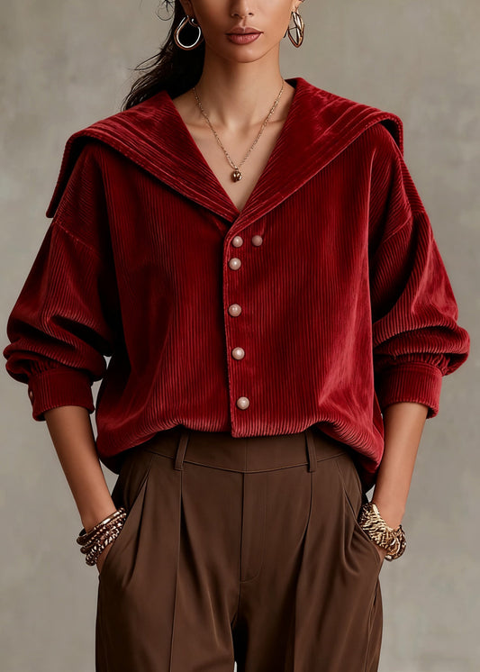 Vintage Red Sailor Collar Button Corduroy Shirts Spring