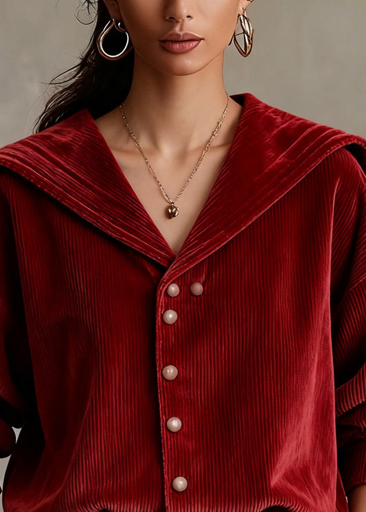Vintage Red Sailor Collar Button Corduroy Shirts Spring