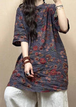 Load image into Gallery viewer, Vintage Red Stand Collar Button Print Linen Blouses Half Sleeve