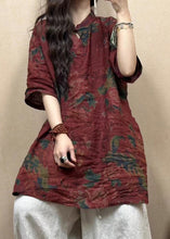 Load image into Gallery viewer, Vintage Red Stand Collar Button Print Linen Blouses Half Sleeve