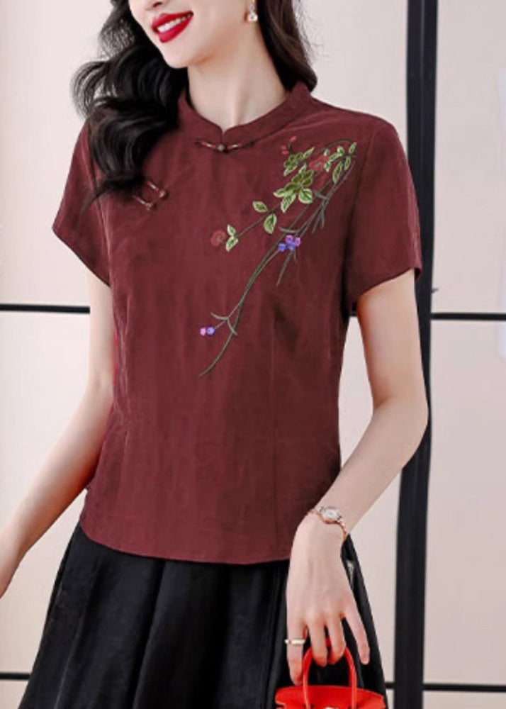 Vintage Red Stand Collar Embroidered Silk Blouses Summer