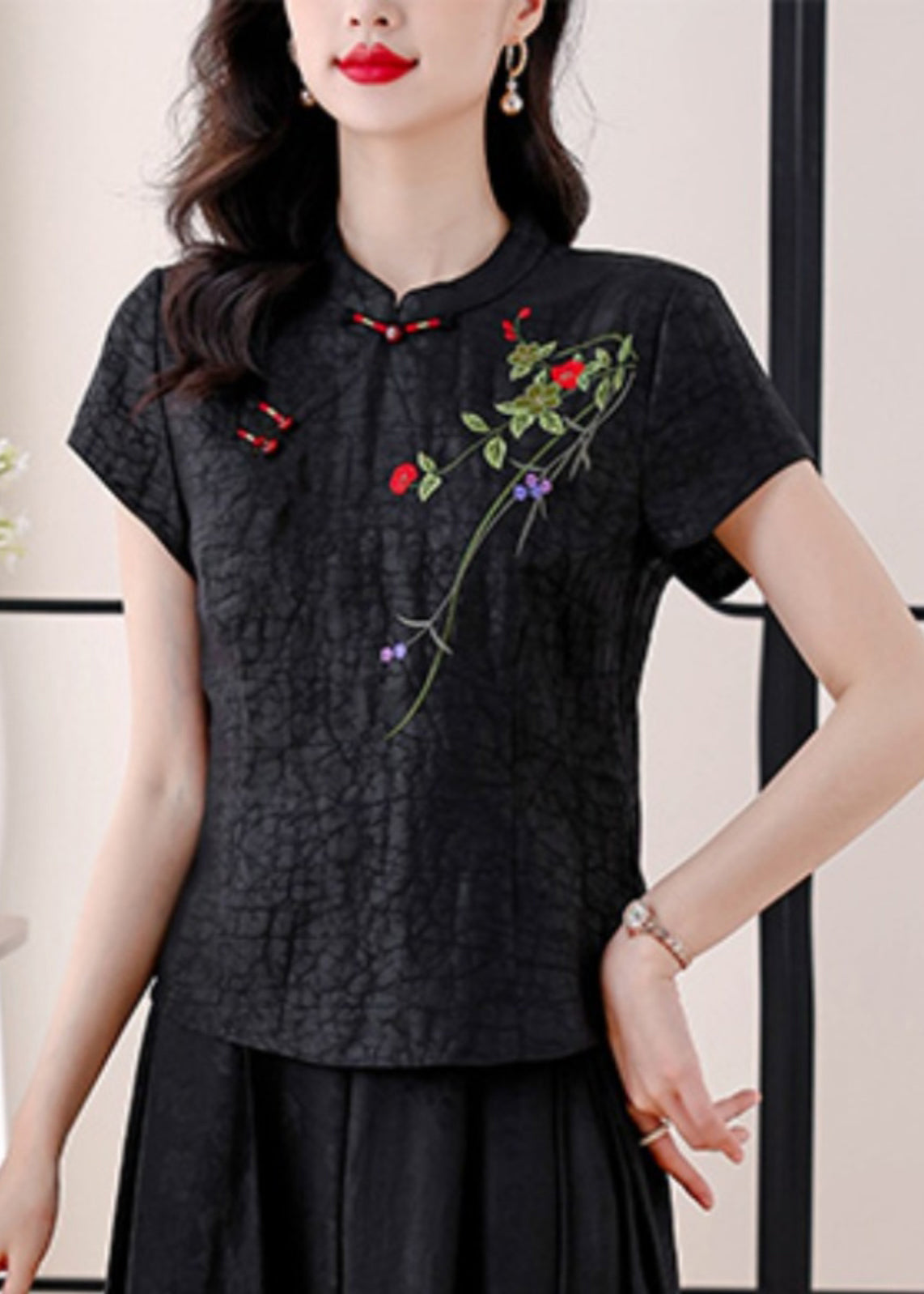 Vintage Red Stand Collar Embroidered Silk Blouses Summer