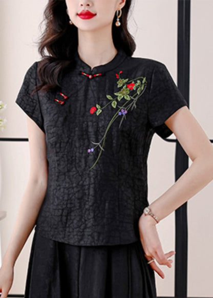 Vintage Red Stand Collar Embroidered Silk Blouses Summer