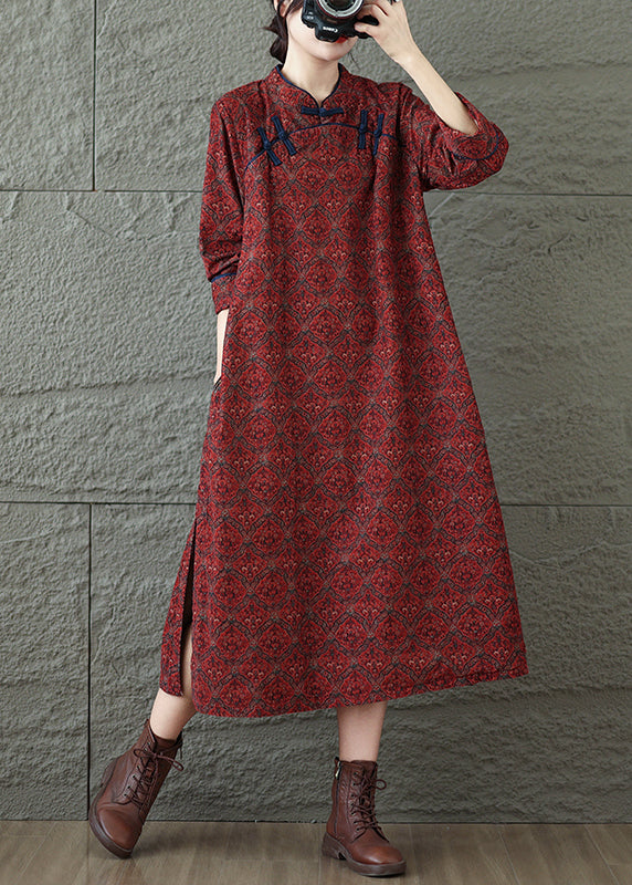 Vintage Red Stand Collar Print Oriental Button Cotton Dress Spring
