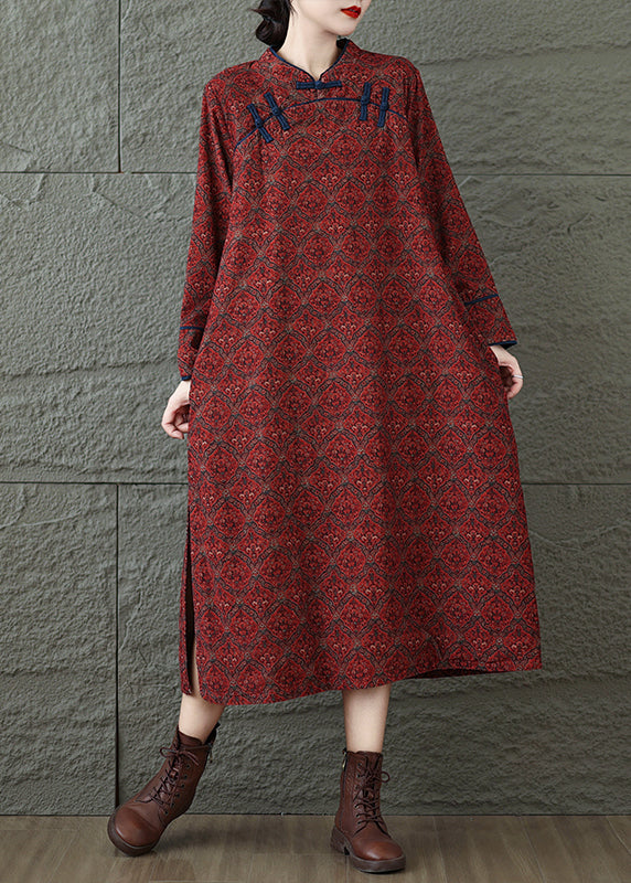 Vintage Red Stand Collar Print Oriental Button Cotton Dress Spring