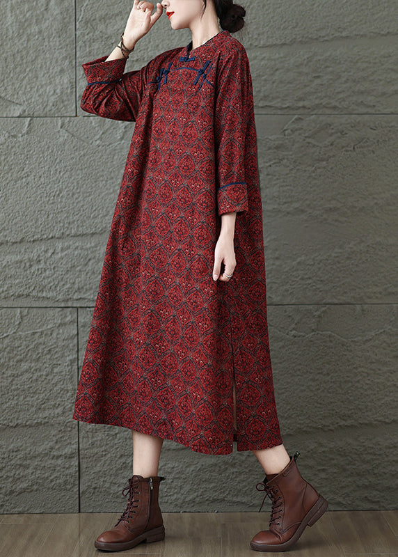 Vintage Red Stand Collar Print Oriental Button Cotton Dress Spring