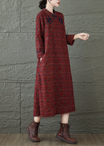 Vintage Red Stand Collar Print Oriental Button Cotton Dress Spring