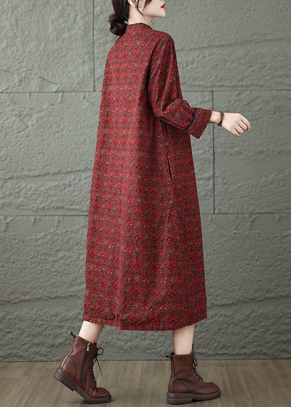 Vintage Red Stand Collar Print Oriental Button Cotton Dress Spring