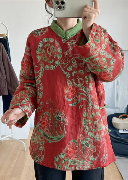 Vintage Red Stand Collar Print Oriental Button Fine Cotton Filled Top Winter