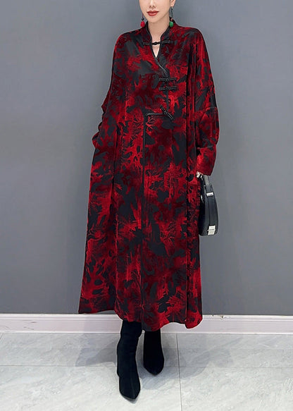 Vintage Red Stand Collar Print Patchwork Loose Velour Dresses Fall
