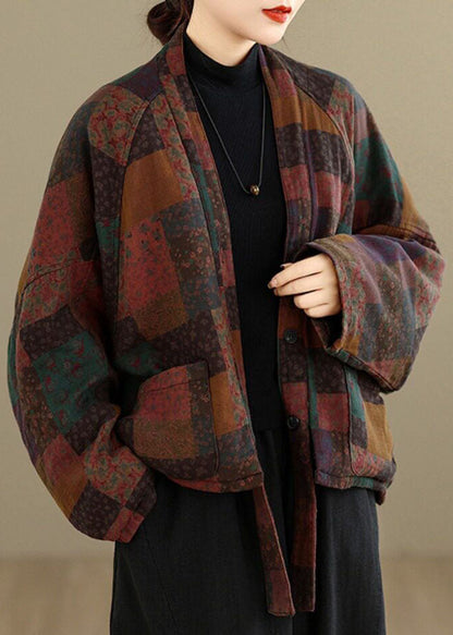 Vintage Red V Neck Button Pockets Print Parka Batwing Sleeve