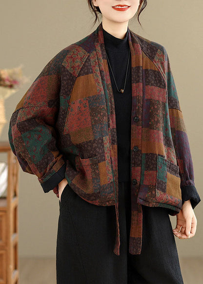 Vintage Red V Neck Button Pockets Print Parka Batwing Sleeve