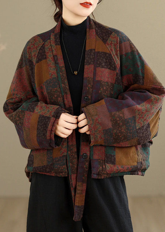 Vintage Red V Neck Button Pockets Print Parka Batwing Sleeve