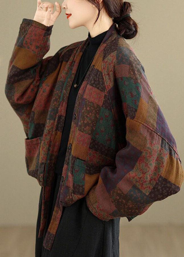 Vintage Red V Neck Button Pockets Print Parka Batwing Sleeve