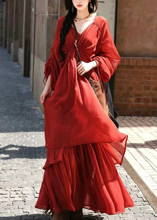 Vintage Red V Neck Drawstring Layered Dress Two Pieces Set Fall