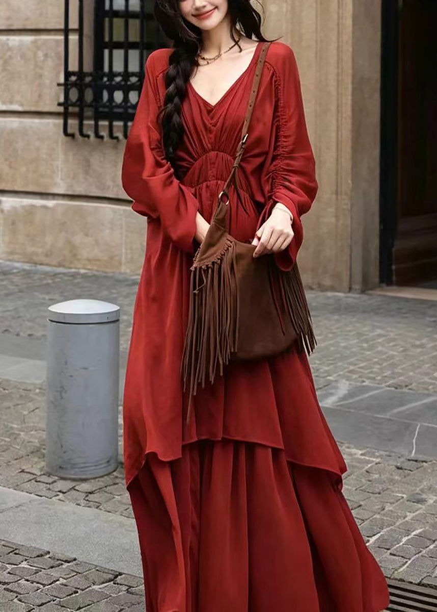 Vintage Red V Neck Drawstring Layered Dress Two Pieces Set Fall