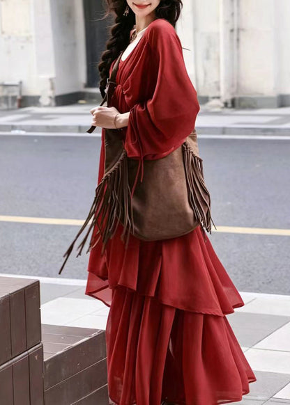 Vintage Red V Neck Drawstring Layered Dress Two Pieces Set Fall