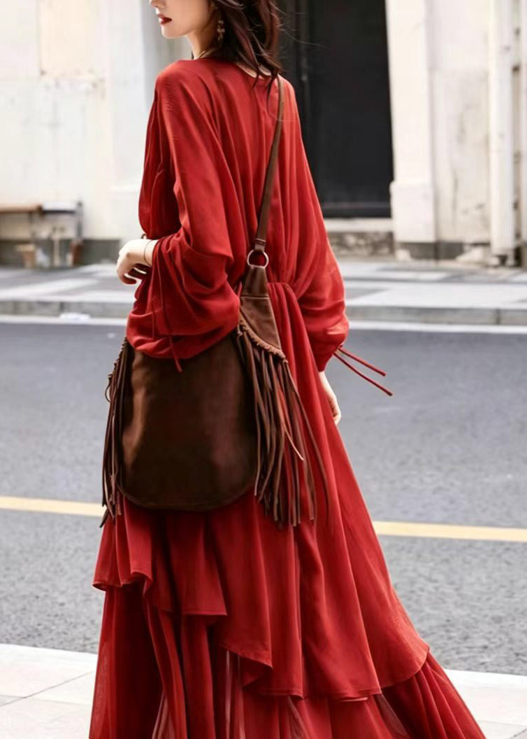 Vintage Red V Neck Drawstring Layered Dress Two Pieces Set Fall