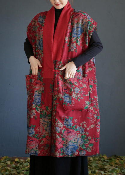 Vintage Red V Neck Print Button Warm Fleece Cotton Waistcoat Winter