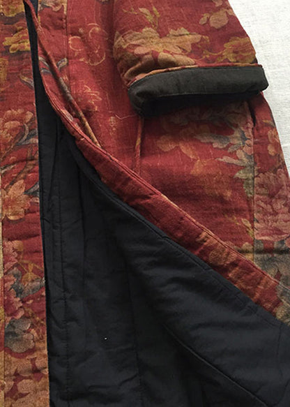 Vintage Red V Neck Print Fine Cotton Filled Long Coat Spring