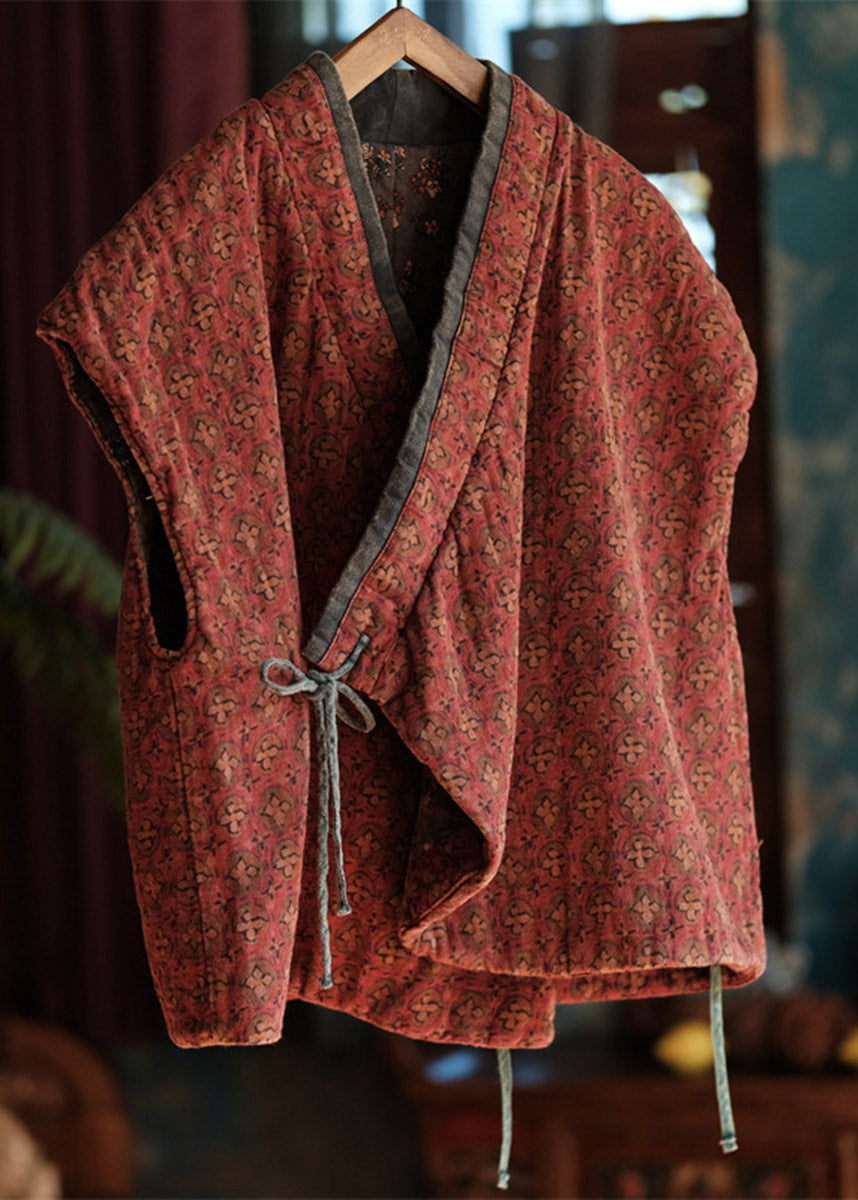 Vintage Red V Neck Print Tie Waist Thick Waistcoat Sleeveless