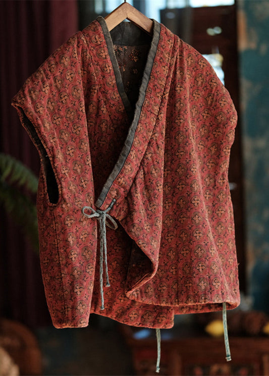 Vintage Red V Neck Print Tie Waist Thick Waistcoat Sleeveless