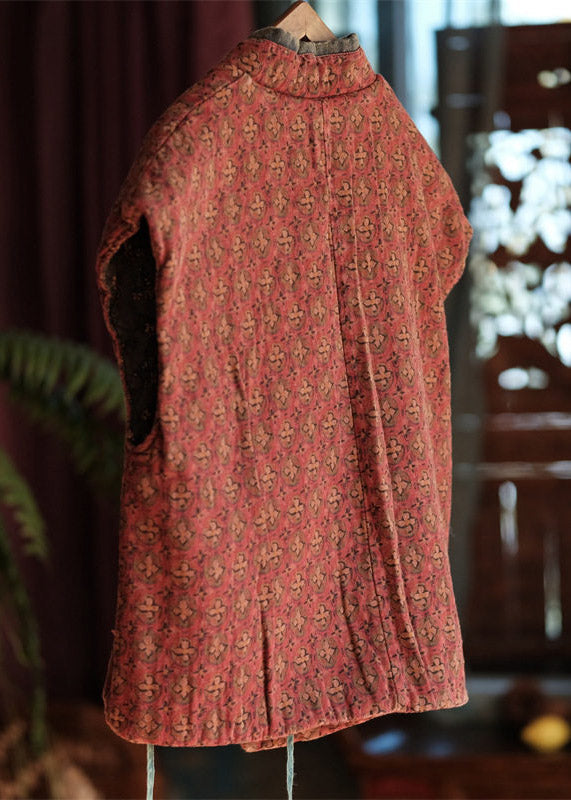 Vintage Red V Neck Print Tie Waist Thick Waistcoat Sleeveless