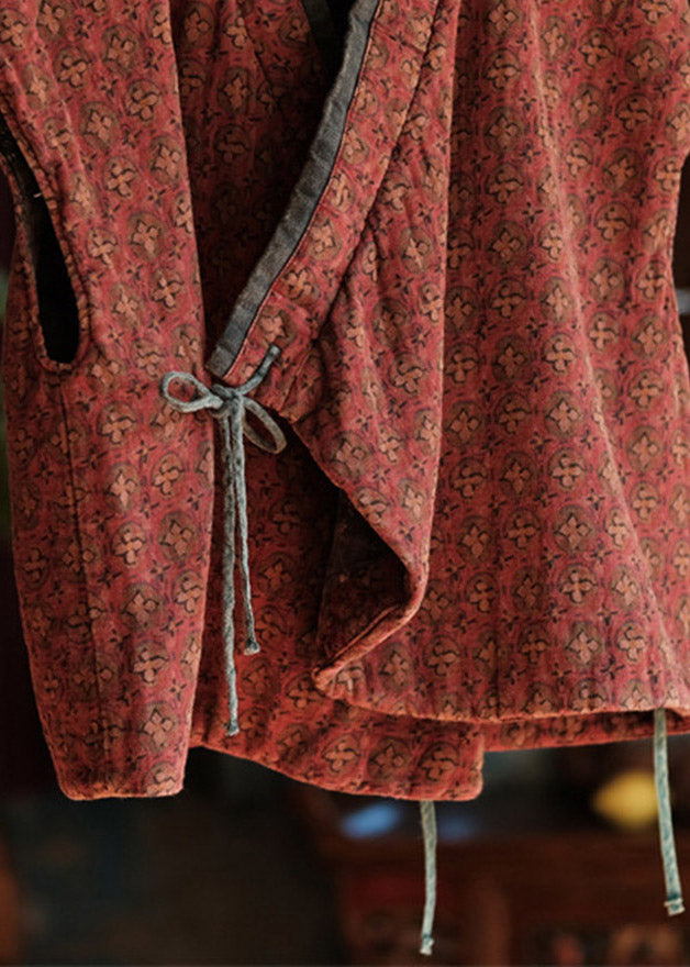 Vintage Red V Neck Print Tie Waist Thick Waistcoat Sleeveless