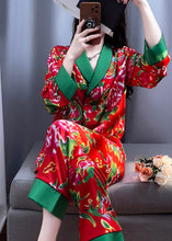 Load image into Gallery viewer, Vintage Red V Neck Print Top And Pants Silk Two Pieces Set Long Sleeve