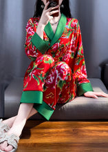 Load image into Gallery viewer, Vintage Red V Neck Print Top And Pants Silk Two Pieces Set Long Sleeve