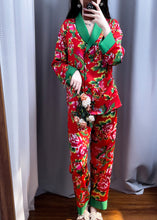 Load image into Gallery viewer, Vintage Red V Neck Print Top And Pants Silk Two Pieces Set Long Sleeve