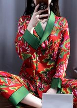 Load image into Gallery viewer, Vintage Red V Neck Print Top And Pants Silk Two Pieces Set Long Sleeve