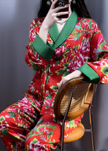 Load image into Gallery viewer, Vintage Red V Neck Print Top And Pants Silk Two Pieces Set Long Sleeve