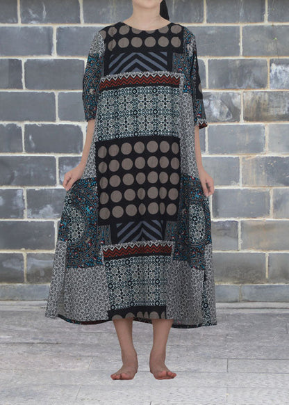 Vintage Rose O Neck Print Patchwork Cotton Dresses Summer