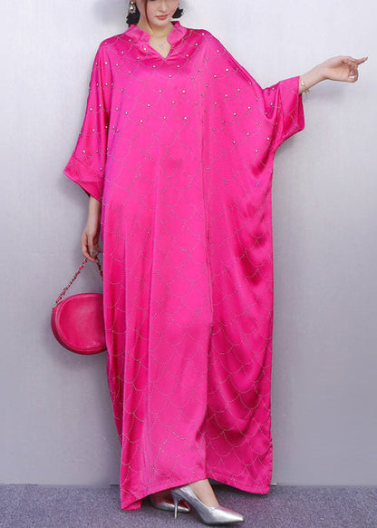 Vintage Rose Print Rhinestone Silk Vacation Dresses Batwing Sleeve