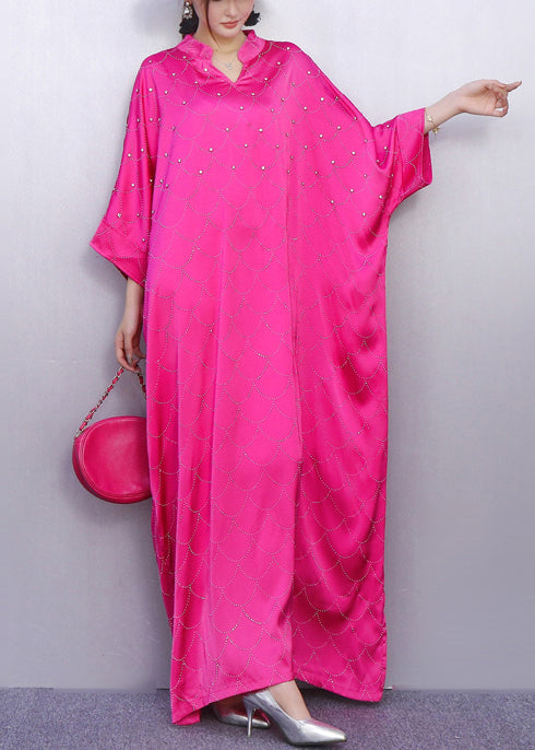 Vintage Rose Print Rhinestone Silk Vacation Dresses Batwing Sleeve