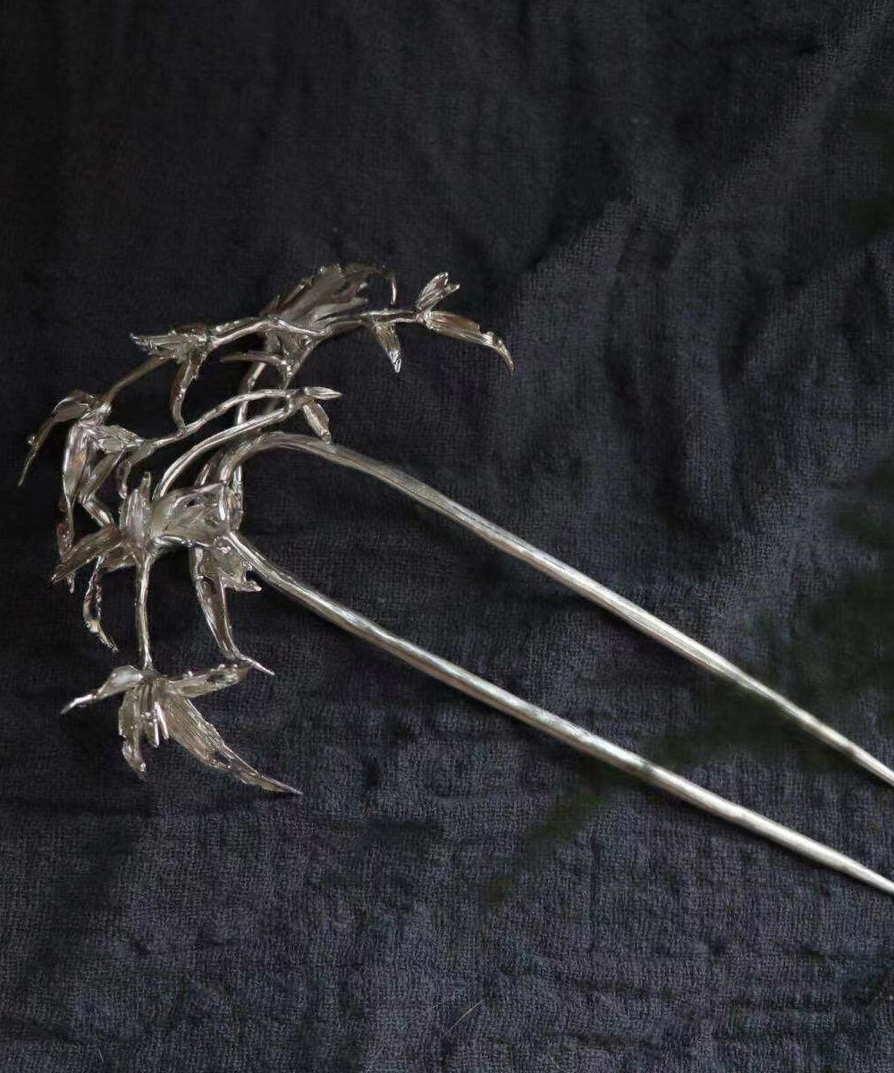 Vintage Silk Cut Out Bamboo Leaf U-Shaped Hairpin