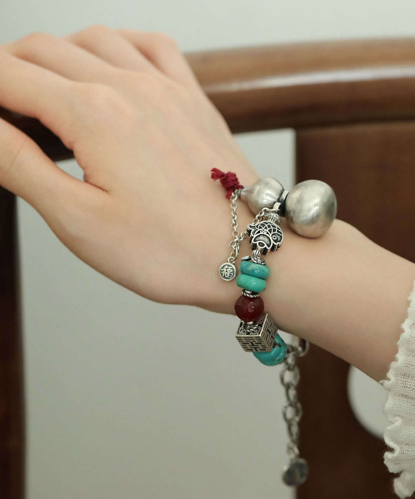 Vintage Silk Sterling Silver Calabash Turquoise Charm Bracelet