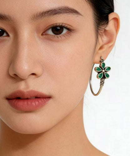 Vintage Silk Sterling Silver Five Petal Flower Hoop Earrings
