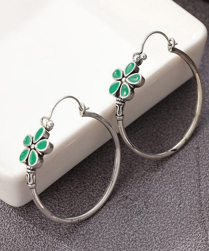 Vintage Silk Sterling Silver Five Petal Flower Hoop Earrings