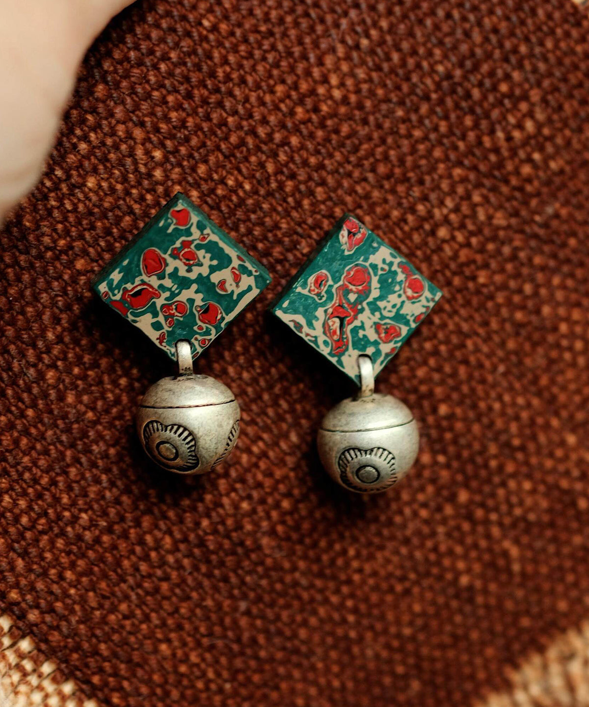 Vintage Silk Sterling Silver Print Square Drop Earrings